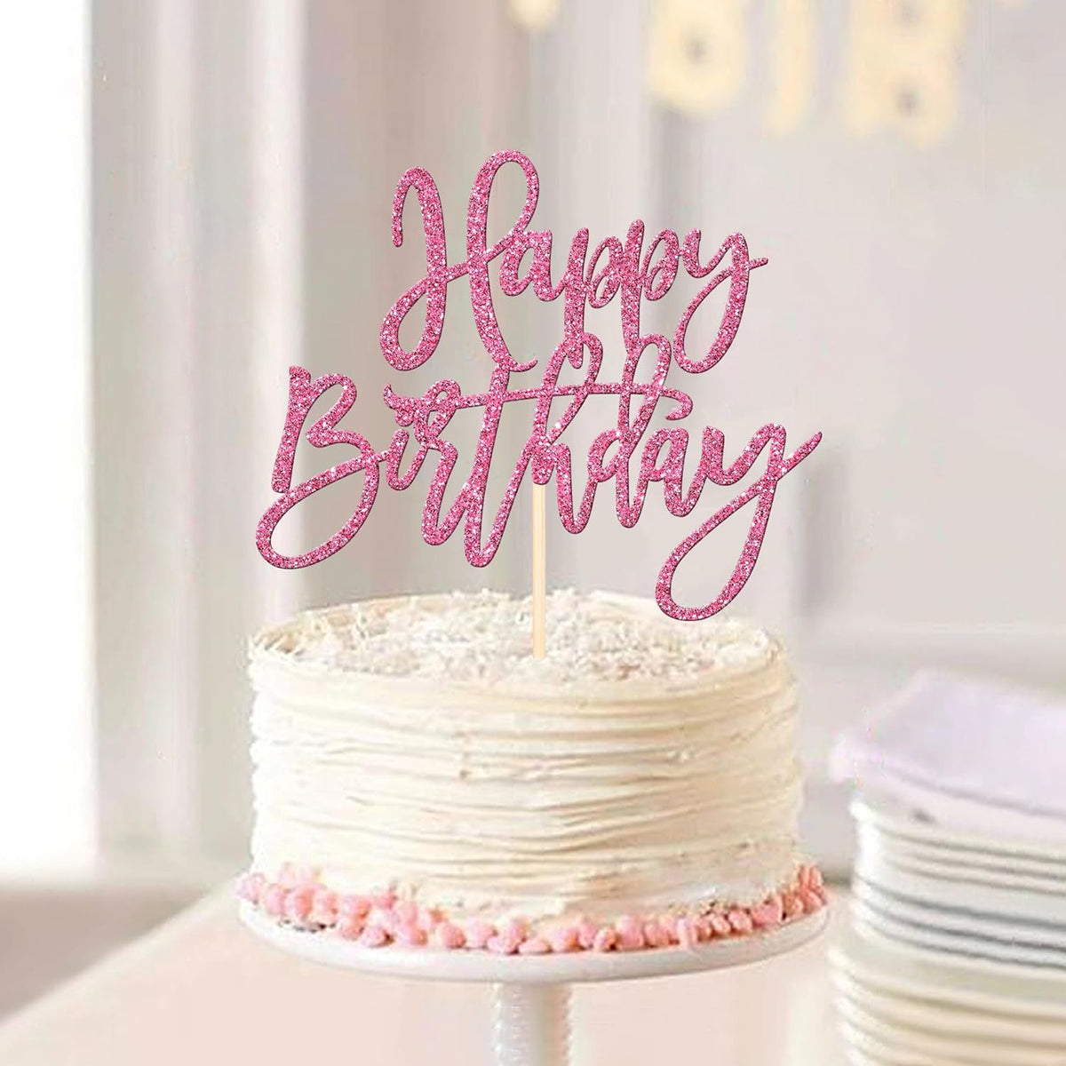 ZHUOWEISM 1 PCS Happy Birthday Cake Topper Glitter Happy Birthday Cake Pick for Celebrating Happy Birthday Anniversary Theme Party Cake Decorations Supplies Pink