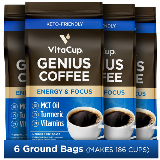 VitaCup Genius Ground Keto Coffee w/Turmeric, MCT Oil, B Vitamins, D3, Ground Coffee Medium Dark Roast, Bold & Smooth, 100% Arabica Coffee Grounds, 6 bags, 11oz each