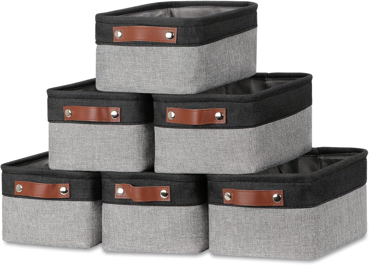 DULLEMELO Small Storage Baskets for Shelves, Small Fabric Collapsible Rectangular Storage Bins for Shelves, Closets, Nursery, Home, Office, Empty Gift Baskets (6-Pack, Black&Gray)