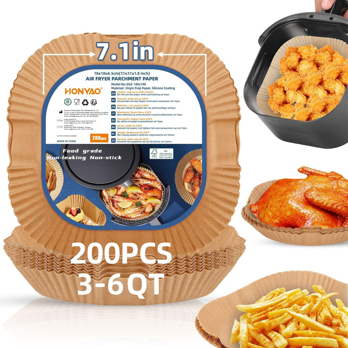 7.1 inch Air Fryer Paper Liners for Instant Pot Vortex Plus 4QT, 200pcs 3-6 Qt Thickened Square Disposable Parchment Liner Compatible with Ninja AF141/Chefman/Cosori Airfryer