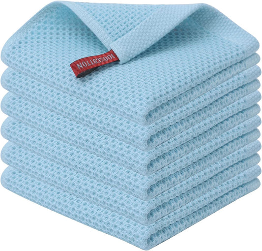 Kitinjoy 100% Cotton Kitchen Dish Cloths (12 X 12 Inches, Sky Blue),6 Pack Waffle Weave Ultra Soft Absorbent Dish Towels for Drying Dishes Quick Drying Kitchen Towels Dish Rags