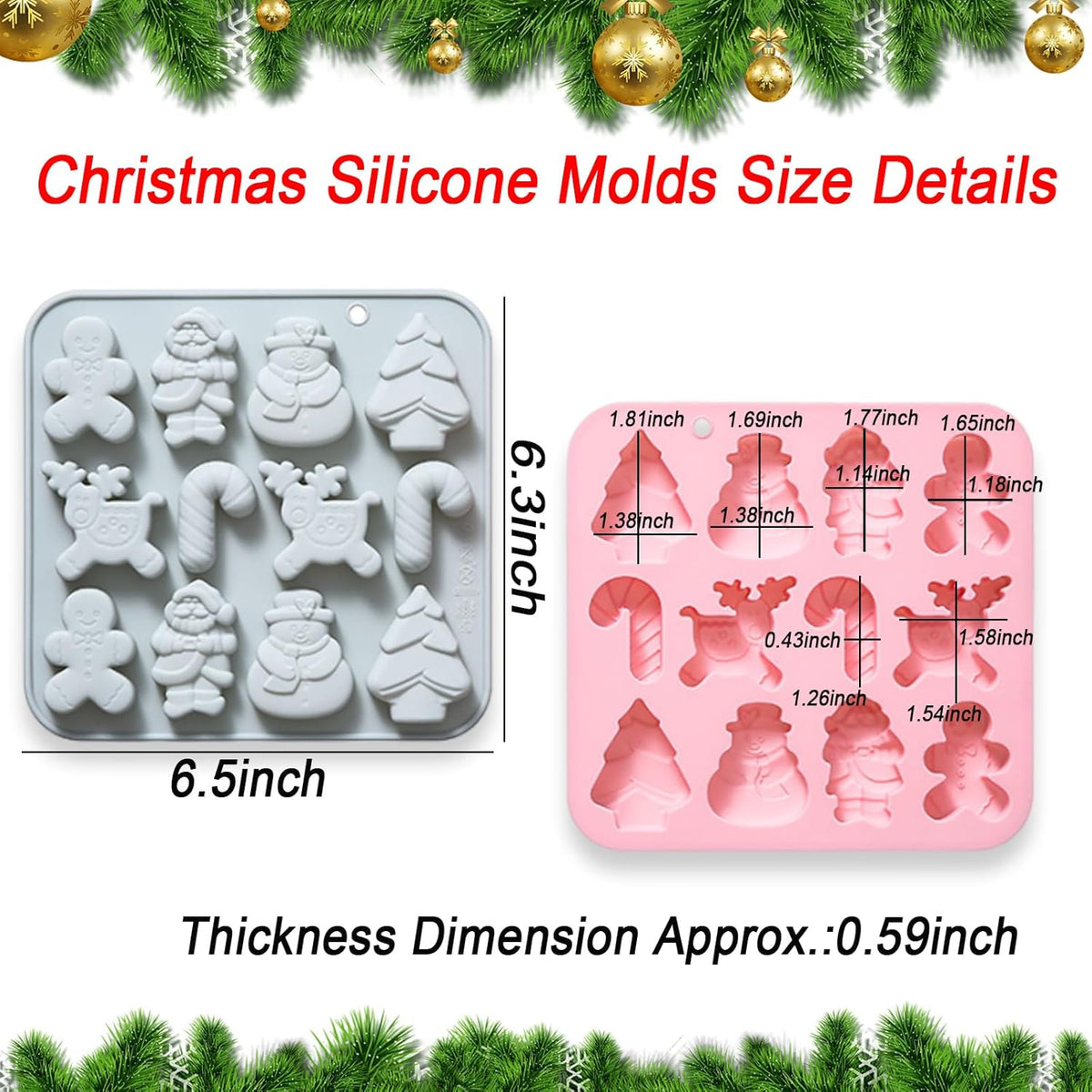 Christmas Silicone Chocolate Molds, 2Pcs Baking Molds Santa Claus Snowman Gingerbread Man Tree Walking Stick Elk 6 Shapes for Jelly Candy Ice Cube Fudge Resin