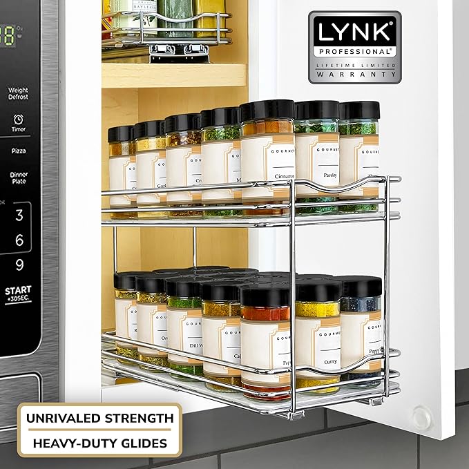 LYNK PROFESSIONAL® Pull Out Spice Rack Organizer for Inside Kitchen Cabinets - 6-1/4 inch Wide - Slide Out Drawer – Chrome Sliding Spice Cabinet Organization Shelf Racks - 2 Tier