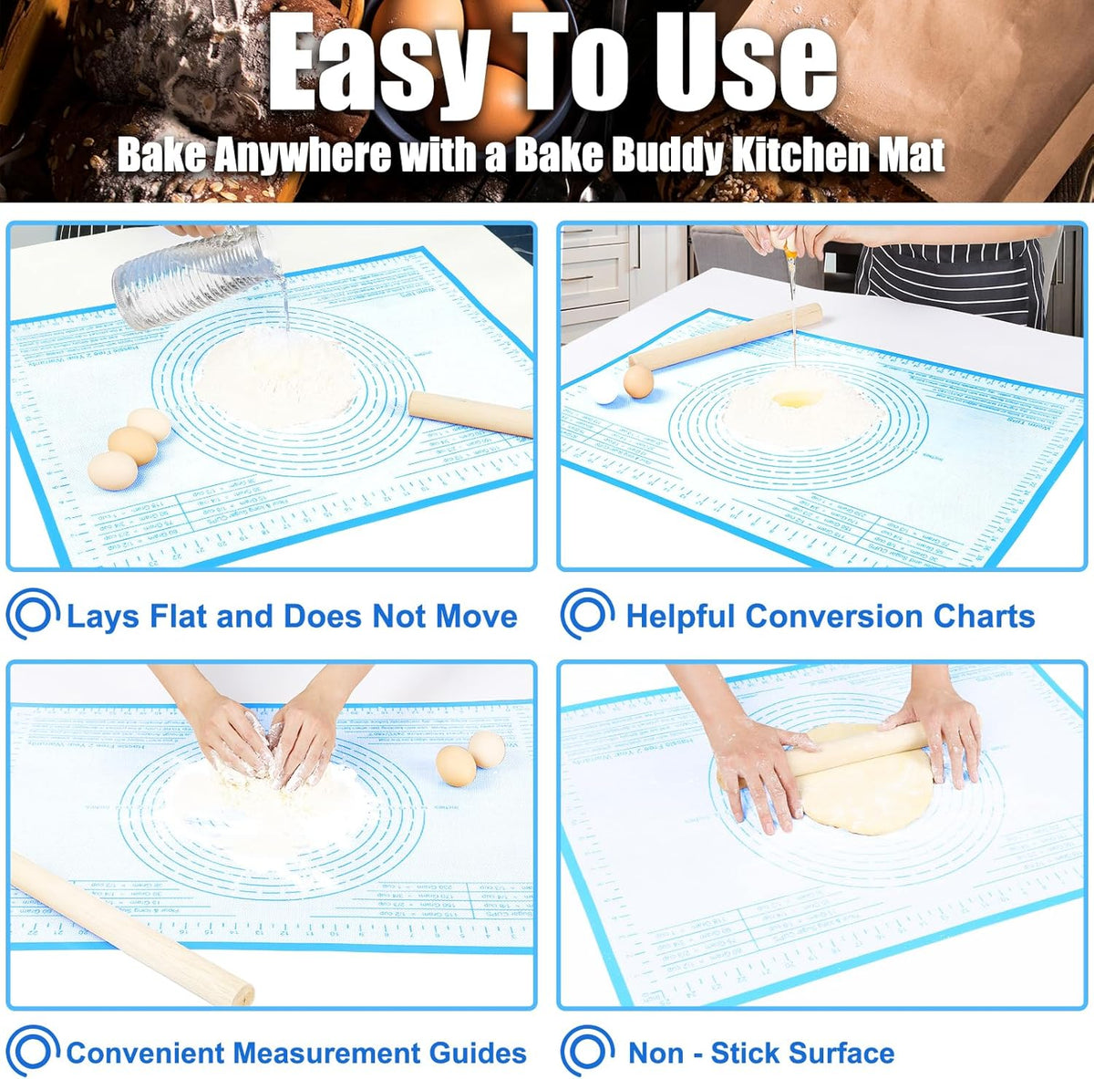 Silicone Pastry Mat 26'' By 34'' Extra Large Baking Mat with Measurements for Dough Rolling, Kneading Board, Kitchen Counter Mats for Dough, Pastry, Fondant, Pie Crust, Cookies, Bread, Pasta, Pizza