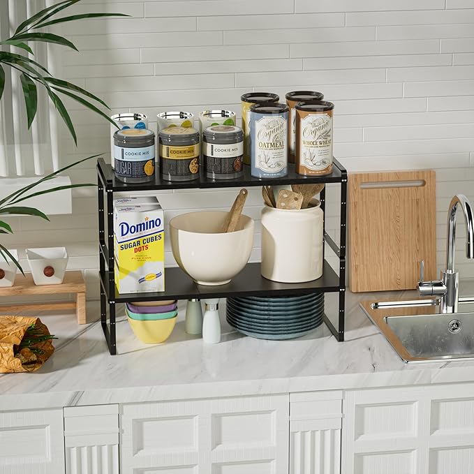 Cabinet Organizer Shelves,Expandable Spice Racks in Cabinet,Countertop Cupboard Pantry Shelves,Adjustable Storage Racks for Kitchen Bathroom Under Sink,2 Packs,8.07" D,Black