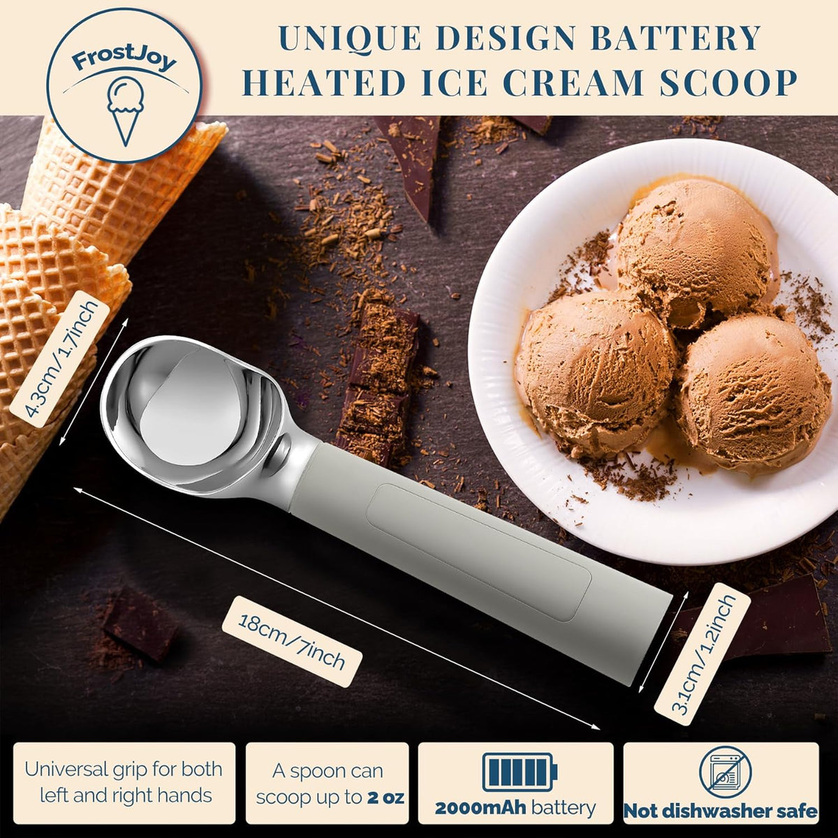 Heated Ice Cream Scoop Rechargeable, Electric Warming Ice Cream Scooper with LED Display, Heats to 158°F for Hard Ice Cream, Easy for Seniors & Kids, IP67 Waterproof (Grey, 2 oz)