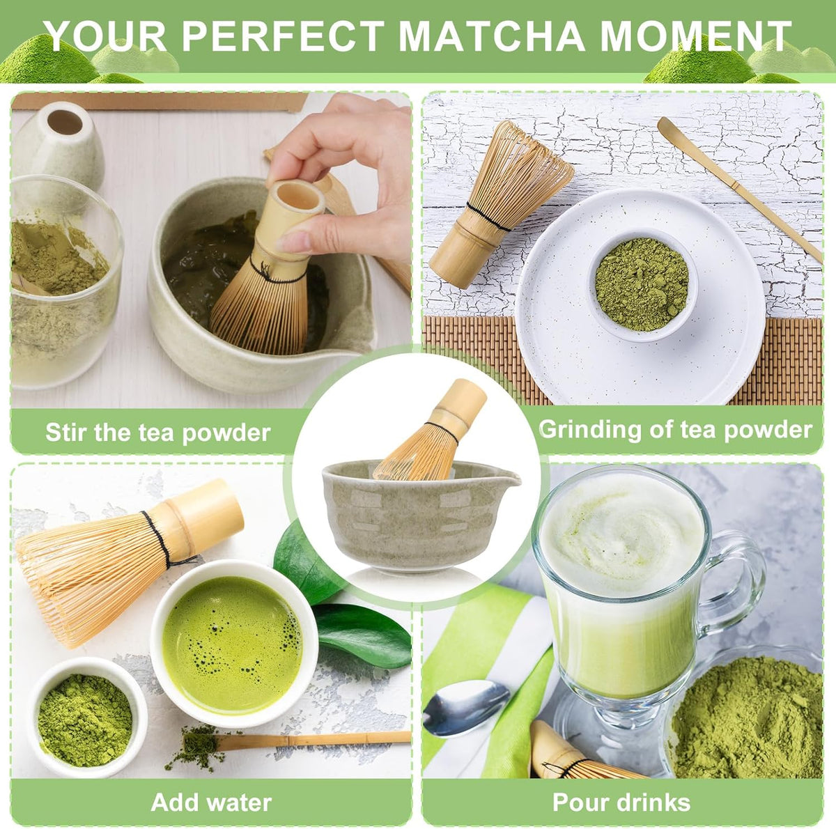Matcha Whisk Set,5Pcs Japanese Matcha Tea Set - Matcha Bowl with Spout,Matcha Whisk Holder, Bamboo Whisk, 2Pcs Scoop, Matcha Kit Gift for Matcha Lovers Christmas,Matcha Starter Set(Mottled Green)