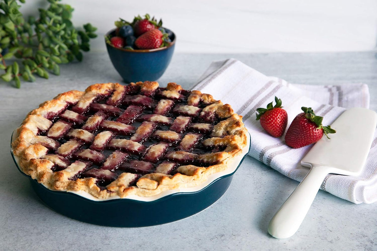 KooK Deep Dish Pie, Pecan Dessert Dish, Porcelain, Ceramic, Deep Dish Plate 10 Inch, Apple Pie, Ruffled Wave Edge, Reusable Round Pan, Oven and Dishwasher Safe, 44 Oz (Navy)