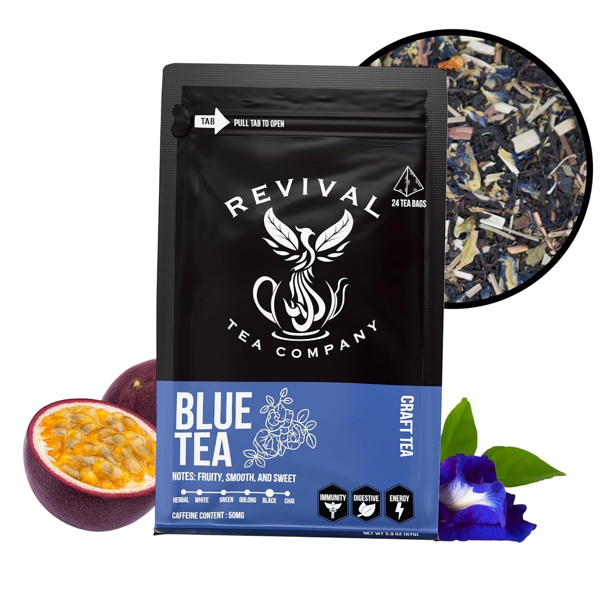 Revival Tea Company Blue Tea - Butterfly Pea Flower and Black Tea Blended with Other Herbal Tea Flavors - Loose Leaf 6 Ounces`
