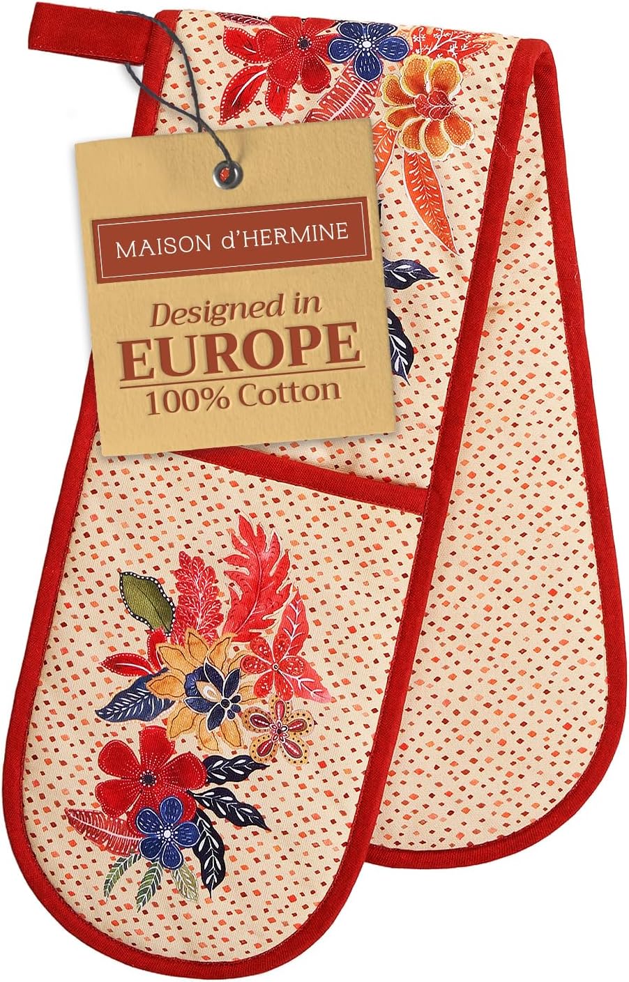 Maison d' Hermine Double Oven Mitts 100% Cotton 7"x35" Double Oven Mitt Heat Resistant BBQ Cooking Gloves with Loop, Baking, Grilling, Home, Kitchen, Handling Hot Pans (Kalahari)