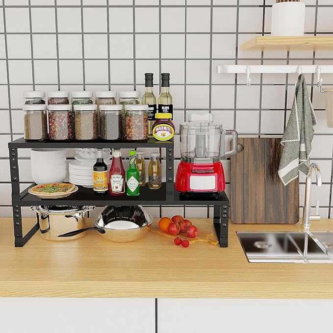 Expandable Cabinet Shelf Organizer Storage Spice Rack Shelves for Kitchen Stackable Adjustable Pantry Cupboard Bathroom Countertop Desktop(1Pack/Black/Large)