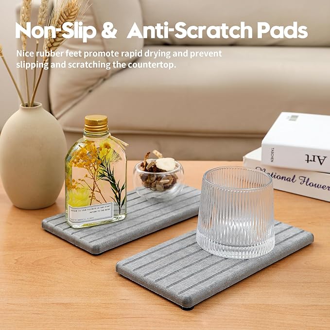 2PCS Instant Dry Diatomite Stone Counter Makeup Tray Organizer, Fast Drying Caddy Kitchen Sponge Holder Mat, Bathroom Vanity Toothbrush Bottle Dispenser Soap Dish Rack, Light Gray, 8"x 3.8"