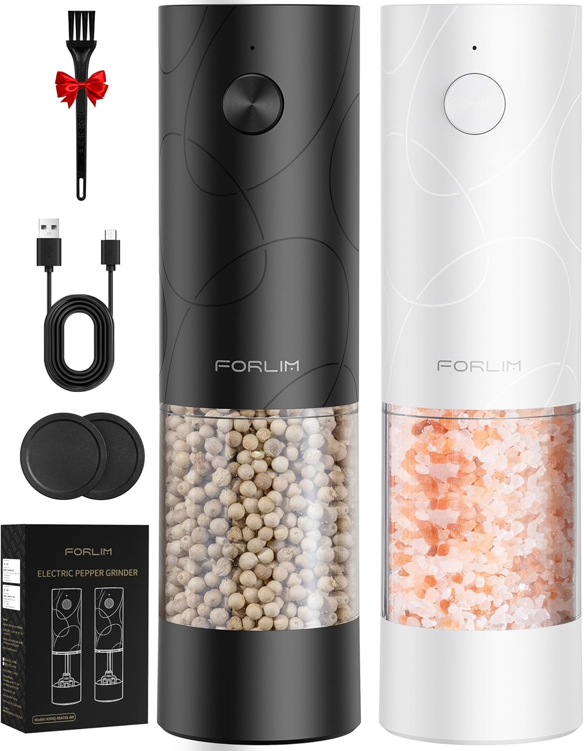 FORLIM Electric Salt and Pepper Grinder Set, USB Rechargeable, Automatic Salt Pepper Mill Grinder with Dust Cover, One-Button Control, Adjustable Coarseness, Warm LED Light (2 Packs, Black&White)