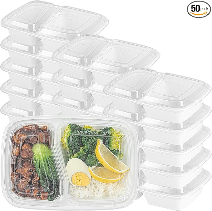 Restaurantware Asporto 32 Ounce Compartment Take Out Boxes, 50 Microwavable Meal Prep Containers - 2 Compartments, With Clear Plastic Lids, White Plastic Food Containers, Do Not Contain BPA