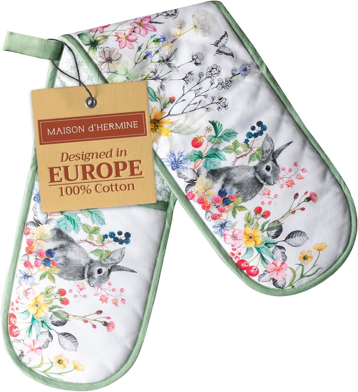 Maison d' Hermine Double Oven Mitts 100% Cotton 7"x35" Double Oven Mitt Heat Resistant BBQ Cooking Gloves with Loop, Baking, Grilling, Home, Kitchen, Handling Hot Pans Spring Summer (Printemps)