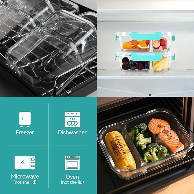 BAYZZ 5 Pack 35 Oz Glass Meal Prep Containers 2 Compartments, Glass Storage Containers with Lids, Airtight Lunch Bento Boxes, BPA-Free, Microwave and Freezer Safe,Green