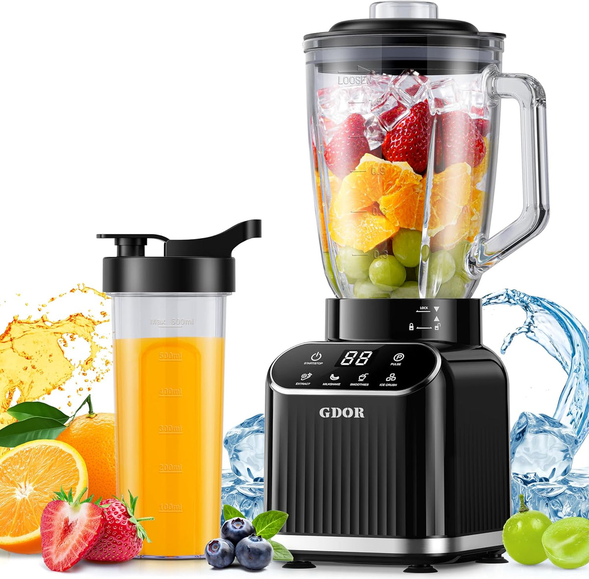 GDOR Professional Blender for Smoothies, 5 Functions, 1200 Peak Watts Smoothie Blender, 52 Oz Glass Jar & 24 Oz To-Go Cup Combo, Blenders for Smoothies, Ice and Frozen Fruit, Self-Cleaning