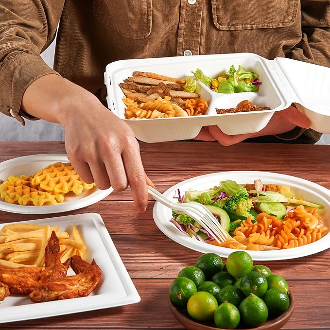 ECOLipak 50 Pack Clamshell Take Out Food Containers, 100% Compostable Disposable To Go Containers, 8X8 inch 3-Compartment Heavy-Duty To Go Boxes