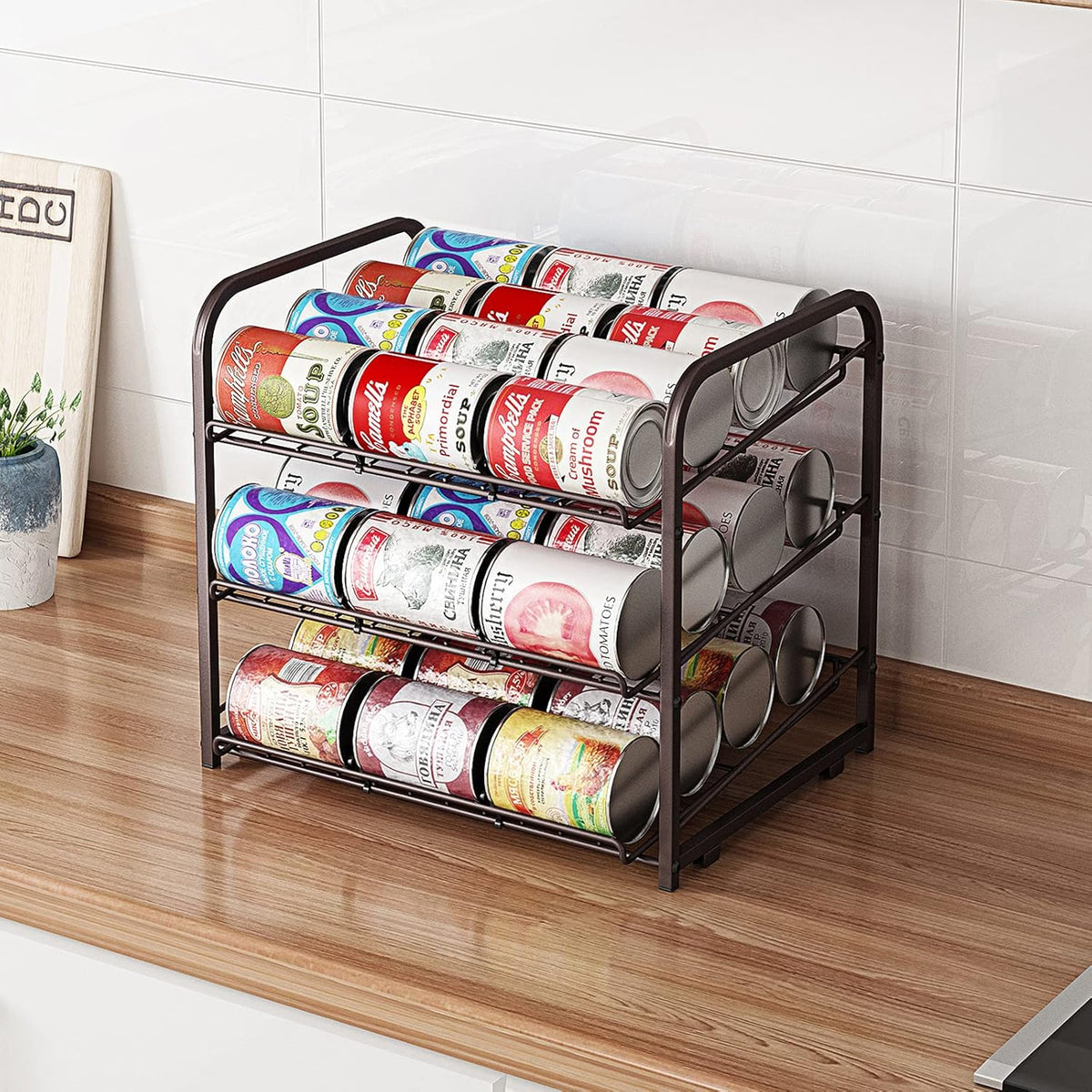AIYAKA 3 Tier Stackable Can Rack Organizer–12.2" D x 16.6" W x 14.5" H,for food storage,kitchen cabinets or countertops,Storage for 36 cans,Bronze