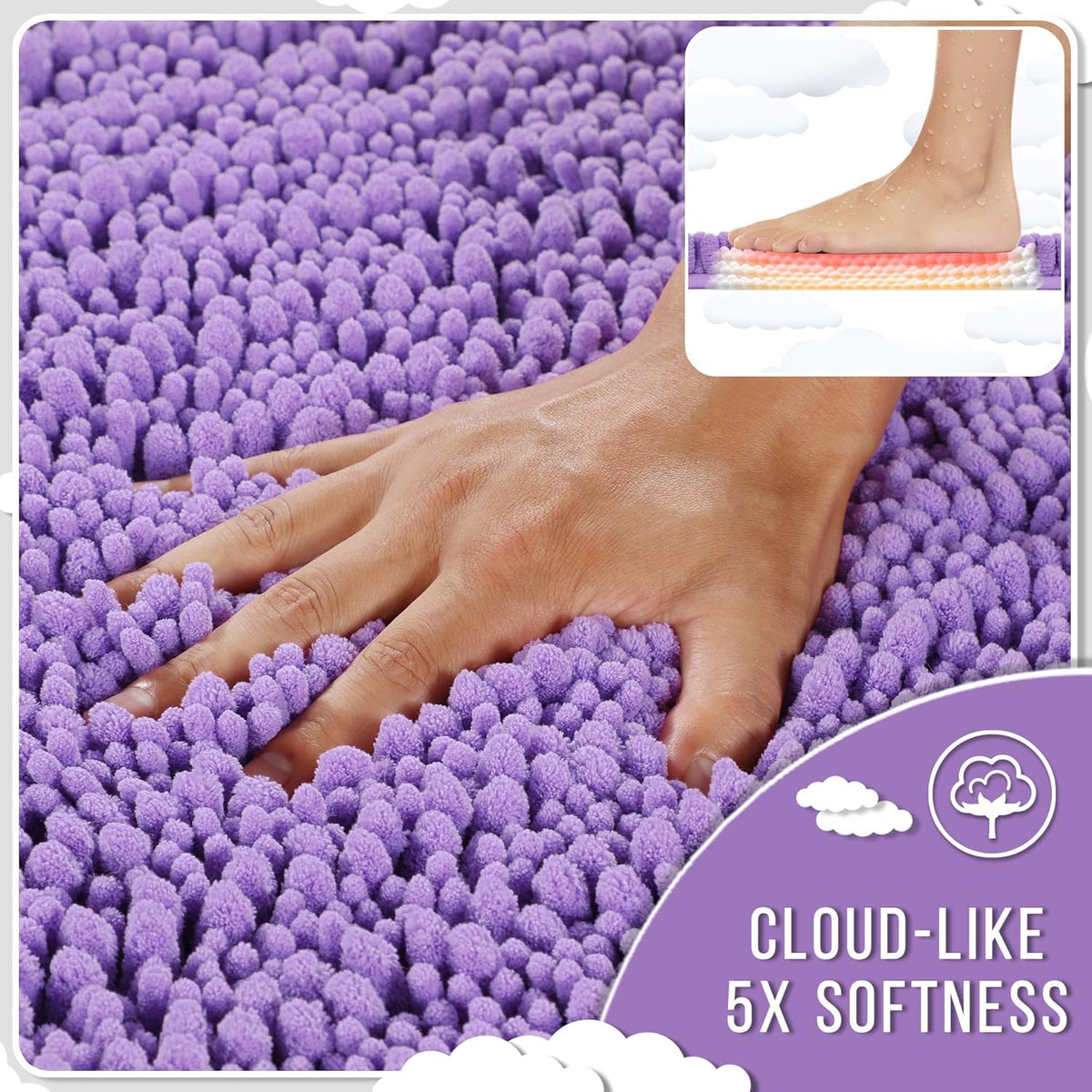 Yimobra Bathroom Rugs Non Slip Washable 24x17 Inch - Ultra Soft Absorbent Chenille Bath Mat, Quick Dry Shaggy Floor Carpet for Tub Shower, Lavender Home Decor Accessories