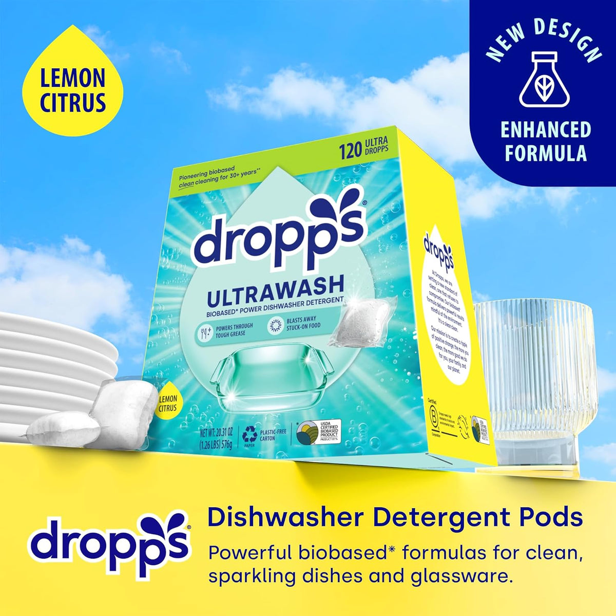 Dropps UltraWash Dishwasher Pods, Lemon Citrus (120 Count) - Biobased Power Deep Clean Dishwasher Detergent Tablets for Sparkling Shiny Dishes - No Rinse Aid or Pre-Wash Needed - Dishwashing Pods