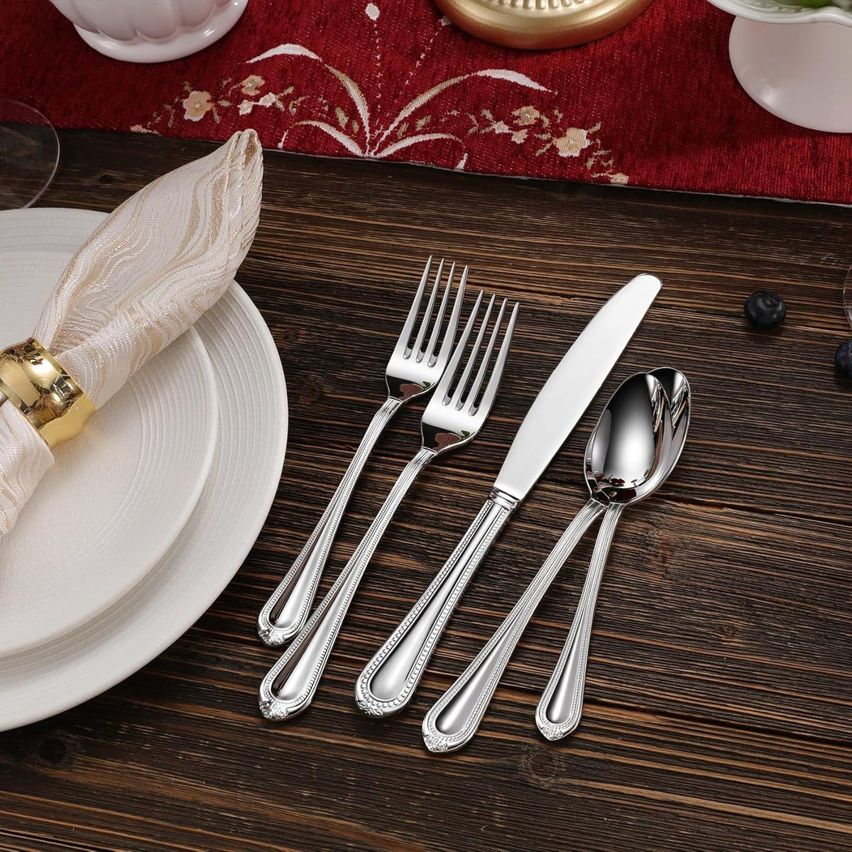 KEAWELL Pearl Edge Premium 45-Piece Refined Bead Silverware Set, 18/10 Stainless Steel, Service for 8, Fine Flatware Set with Serving Utensils, Dishwasher Safe (45, Silver)
