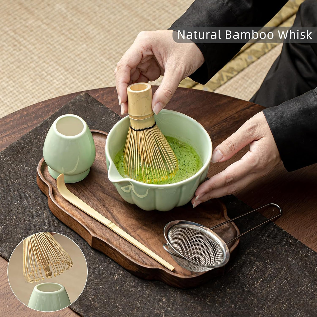 Matcha Whisk Set, Matcha Bowl with Spout, Matcha Whisk, Chasen Holder, Sifter, Bamboo Scoop - 5 Pcs Perfect Matcha Making Kit for Matcha Lover and Tea Ceremony (Emerald Green)