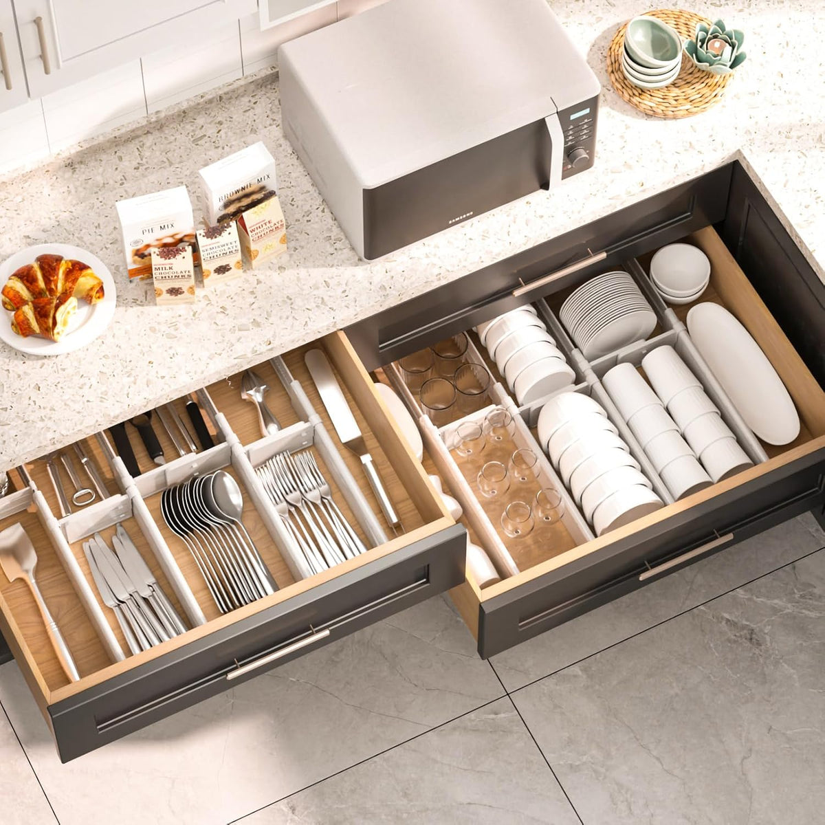 HiYZ Expandable Drawer Dividers - 12.6-22.8'' Adjustable Drawers Organizers for Kitchen Utensils, Drawer Separators in Bedroom, Dresser, Office, Bathroom, Fridge, 5 Pack Long Dividers-Gray