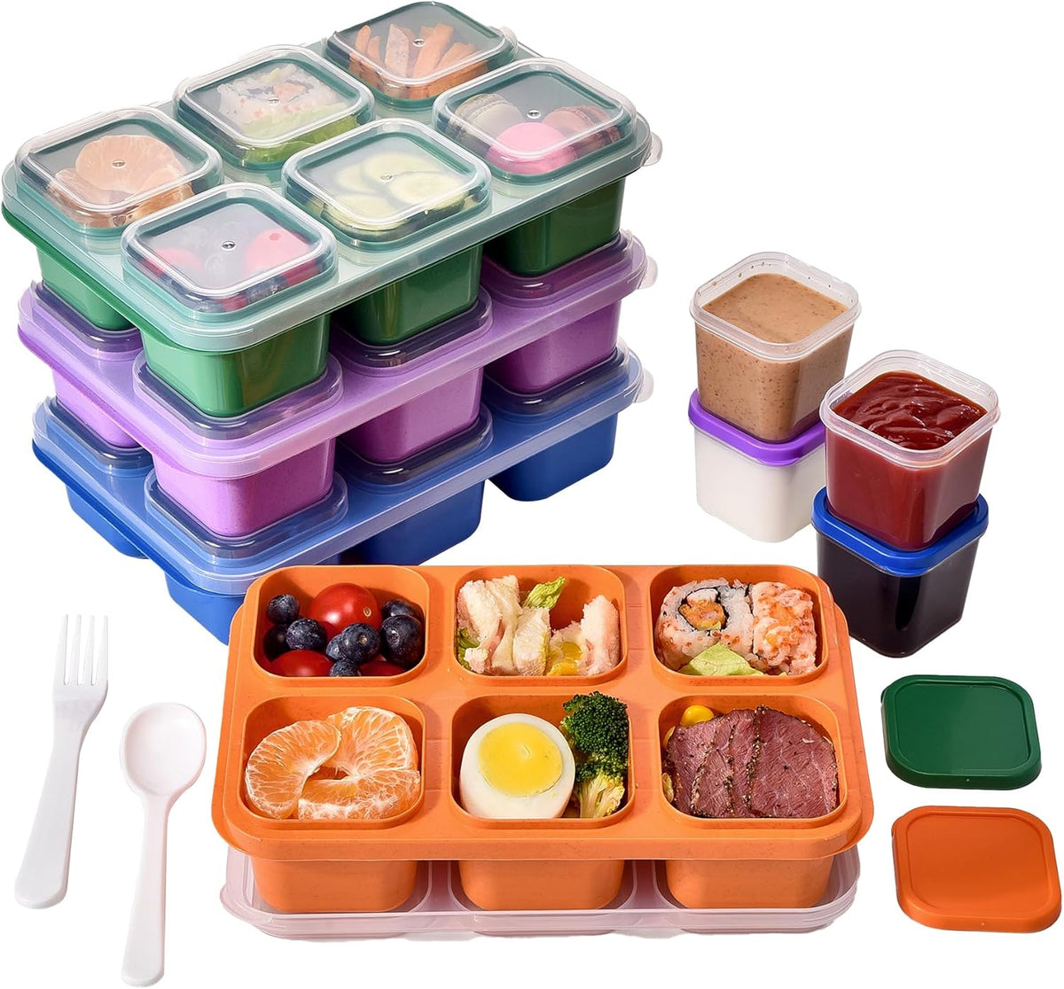 4-Pack Bento Box & Snack Containers for Kids & Adults | 6-Compartment with 4 Sauce Cups | BPA-Free, Dishwasher Safe | Ideal for School, Office, Picnic & Travel (38oz/1100ml)