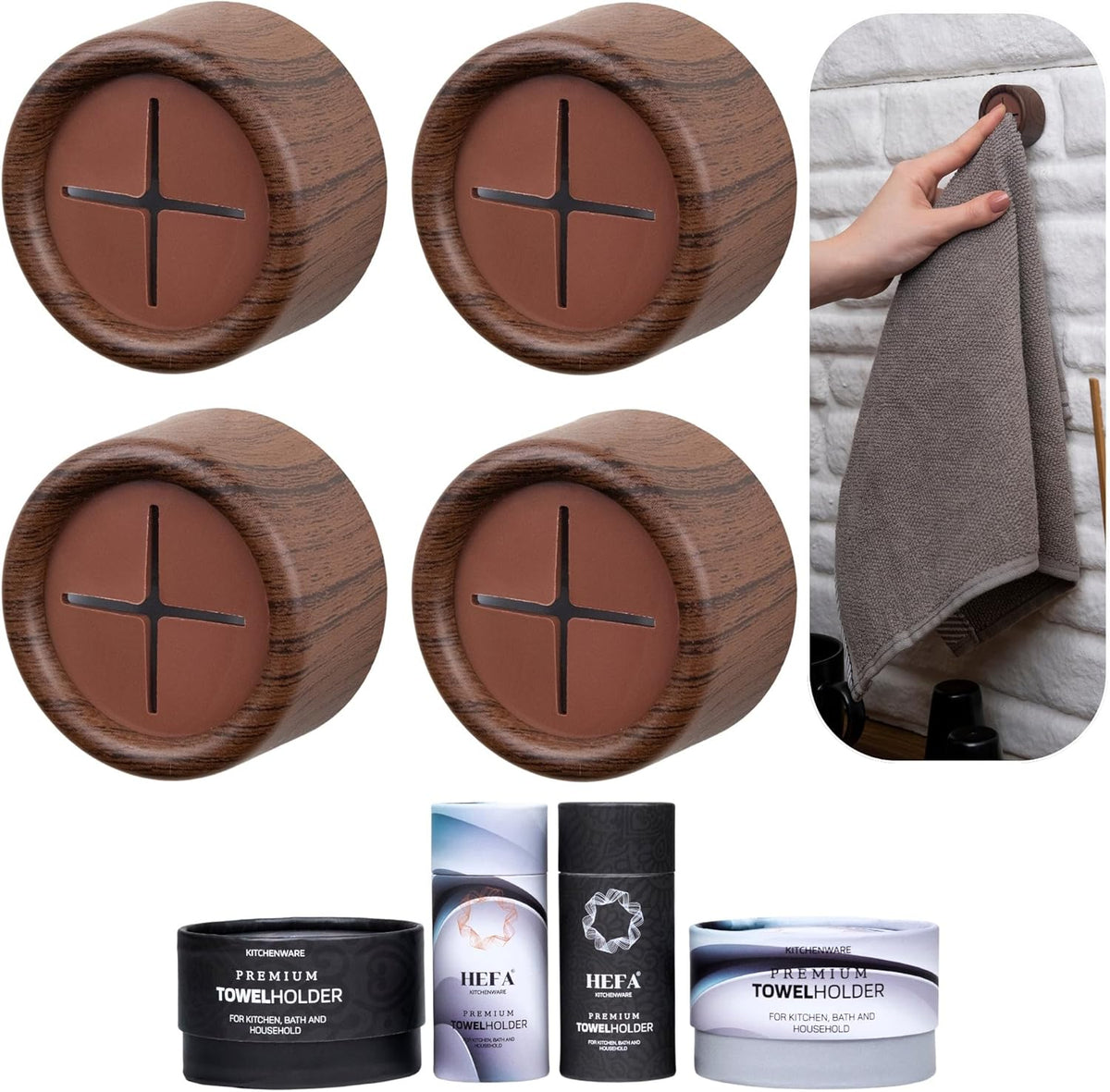 HEFA Towel Holder, Towel Hooks, Dish Towel Holder, Kitchen Organization, Bathroom Accesories, Kitchen Towel Hook, Kitchen Towel Holder, Hand Towel Holder, Kitchen Gadgets 4 Pack, Mahogany Brown
