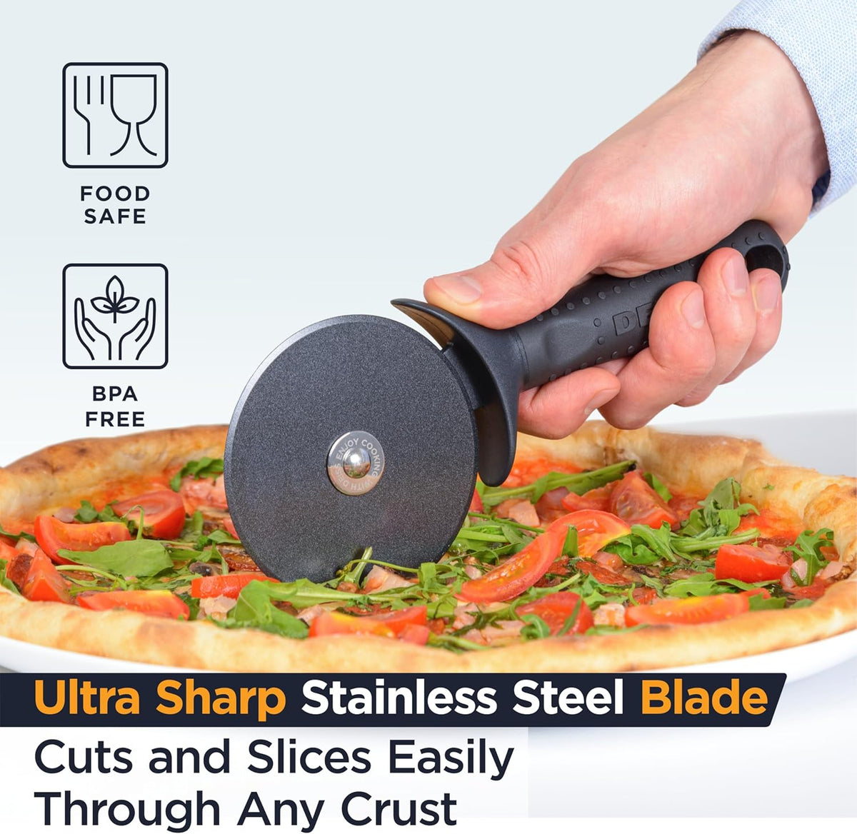 Deiss Lux Heavy Duty Pizza Cutter With Wheel Slicer- Stainless Steel Sharp Smooth Pizza Cutter Wheel With Easy Grip Non-Slip Handle, Dishwasher Safe (BLACK)