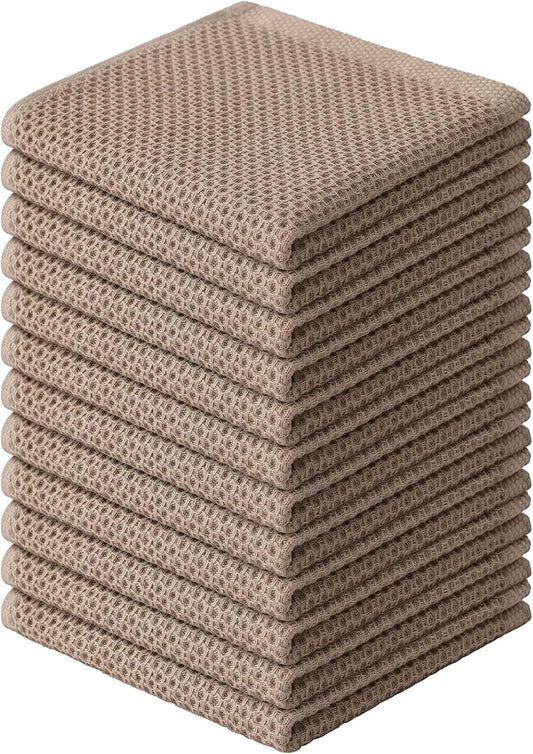 Kitinjoy 100% Cotton Kitchen Dish Cloths, 12 Pack Waffle Weave Ultra Soft Absorbent Dish Towels for Drying Dishes Quick Drying Kitchen Towels Dish Rags, 12 X 12Inch, Tan