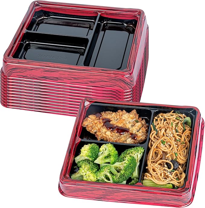 Restaurantware-Bento Tek 16.1 Ounce Meal Prep Containers, 100 Disposable To Go Food Boxes - Lids Sold Separately, 3 Compartments, Red And Black Plastic Bento Lunch Boxes, Freezable, For Take Out