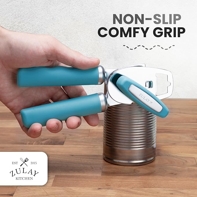Zulay Kitchen Heavy Duty Stainless Steel Can Opener Manual with Bottle Opener - Rust Proof Manual Can Opener With Turn Knob & Comfy Soft Grip Handles - Dusty Blue