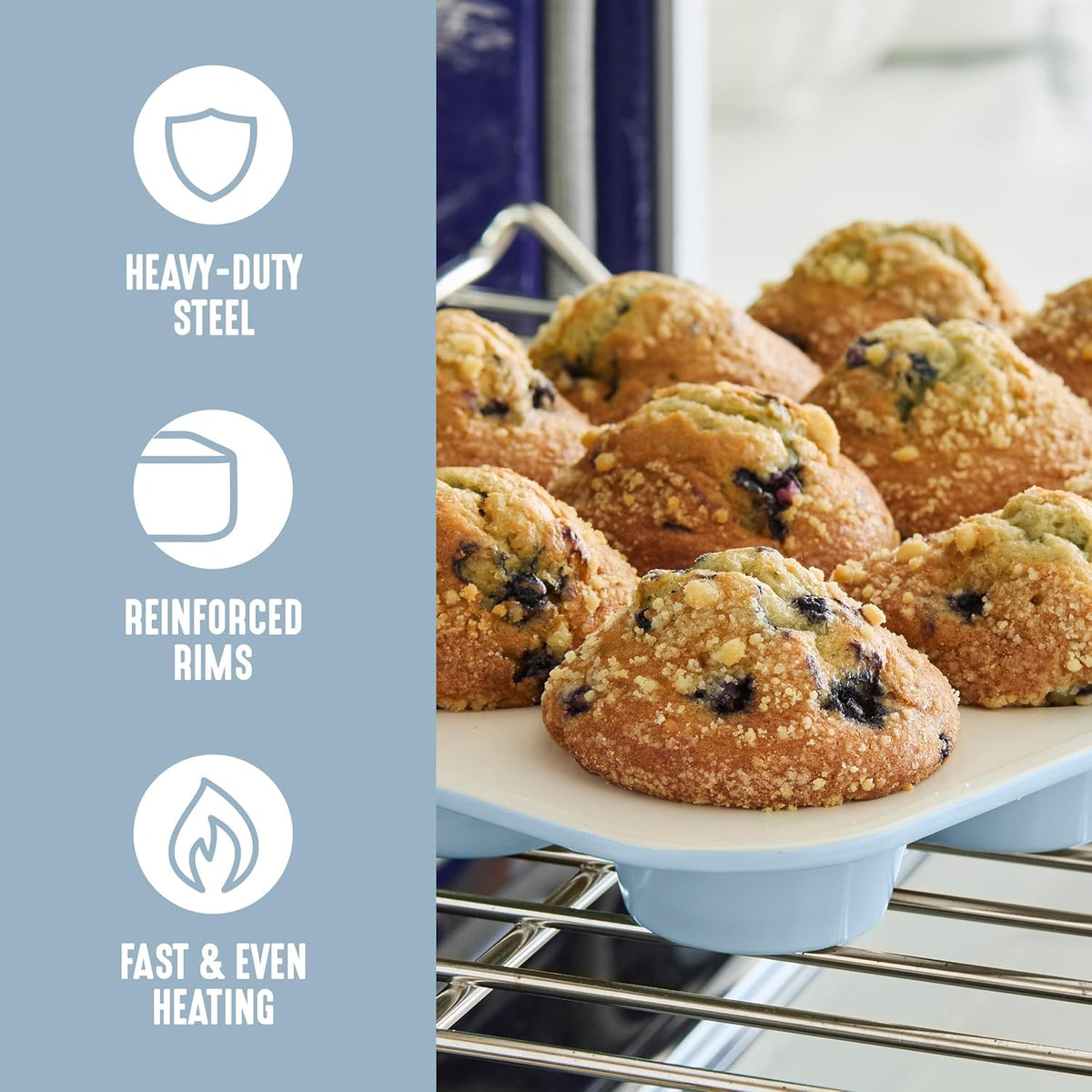 GreenLife 12-Cup Muffin Pan, Healthy Ceramic Nonstick Bakeware, PFOA & PFAS-Free Cupcake Tray, Durable Baking Pan, Versatile Kitchen Essential, Easy Clean Muffin Mold, Nonstick Baking Sheet, Blue Haze