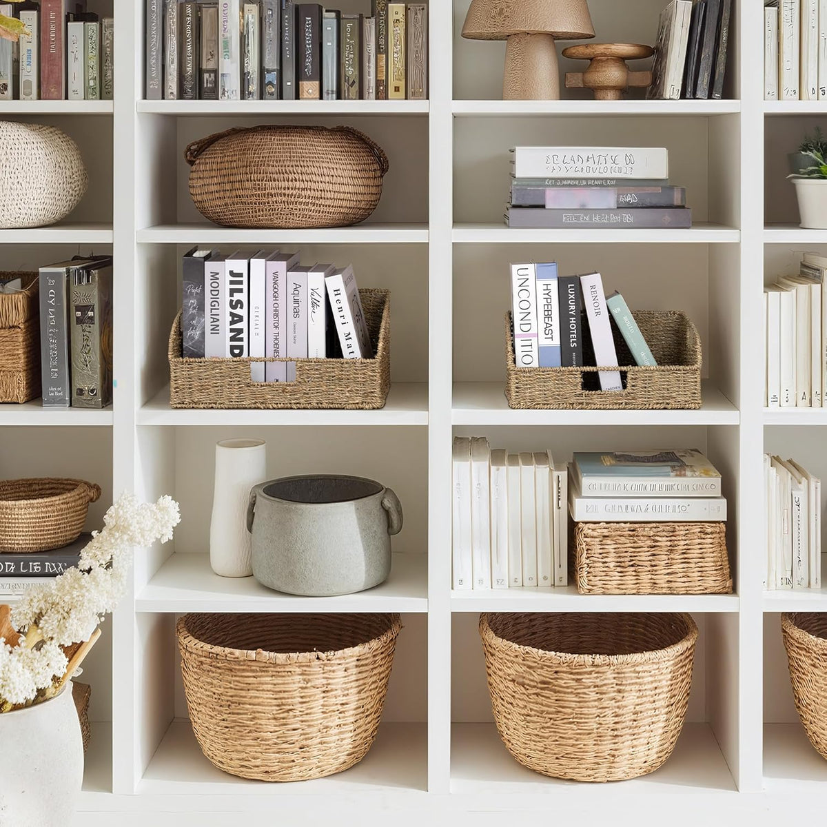 StorageWorks Pantry Baskets for Organizing, Seagrass Storage Baskets for Shelves with Built-in Handles, Pantry Organizers and Storage, Set of 2 (Large and Medium)
