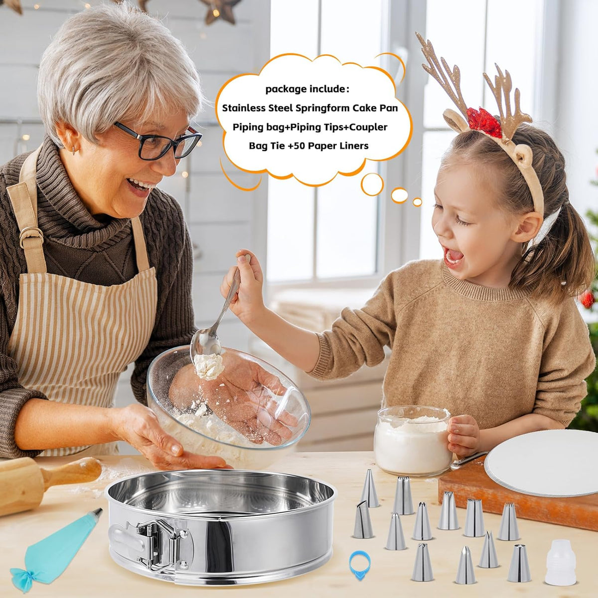 Aufind 10 Inch Springform Pan for Baking, 304 Stainless Steel Cheesecake Pan with Removable Bottom, Includes 12 Piping Tips and 50 Parchment Papers for Pie Cake Pizza and Quiches(10" Cake pan)
