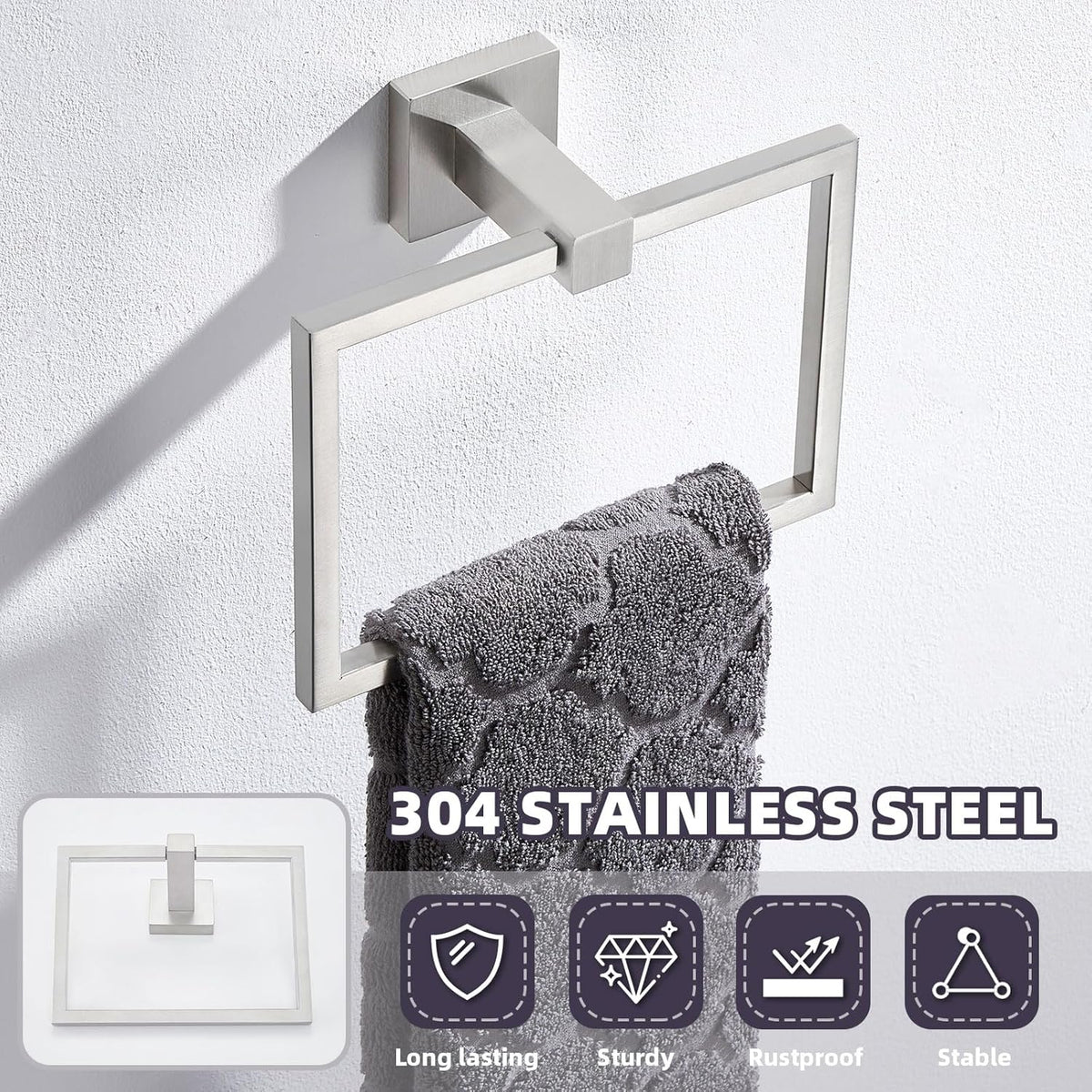 APLusee Brushed Nickel Towel Ring, 304 Stainless Steel Square Bathroom Towel Holder, Wall Mounted