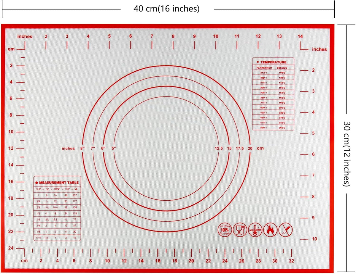 Yansumi Silicone Pastry Mat Extra Large Non-Slip Mat for Rolling Dough Pie Crust and Baking Non-Stick with Measurements (16x12, Red)