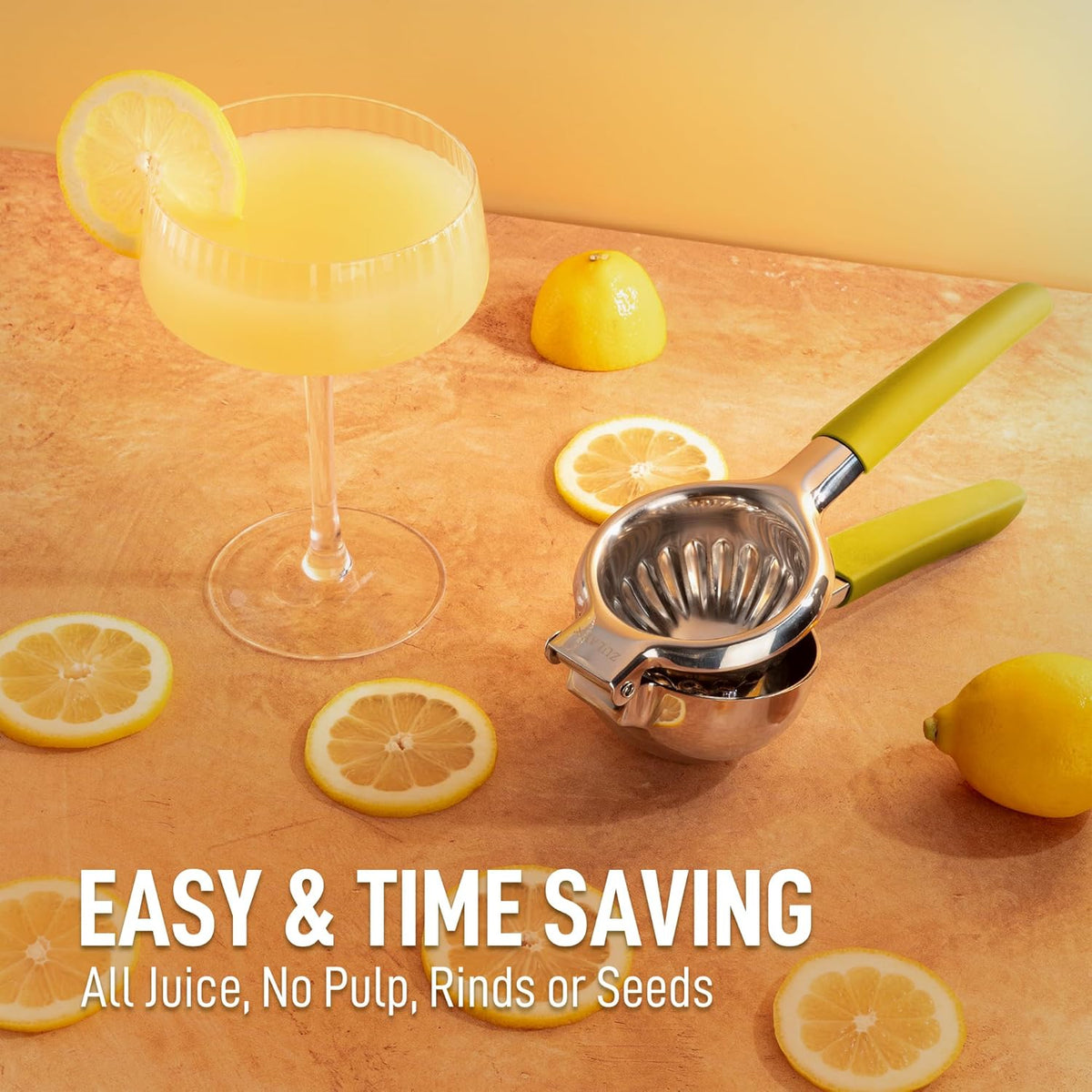Zulay Lemon Squeezer Stainless Steel with Premium Heavy Duty Solid Metal Squeezer Bowl and Food Grade Silicone Handles - Large Manual Citrus Press Juicer and Lime Squeezer Stainless Steel (Yellow)