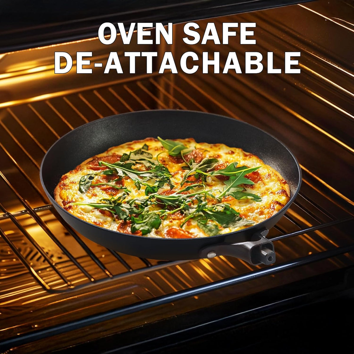 DM Cast Iron Skillet, 2 Piece Nonstick Frying Pan Set, 10 and 12 Inch with Detachable Acacia Wooden Handle, Honeycomb Non stick Omelet Egg Pan, Easy Clean Oven Safe Pans for Cooking