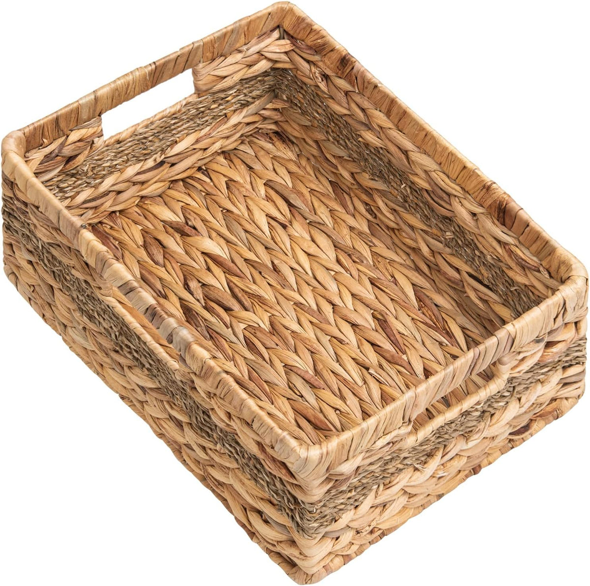 StorageWorks Large Rectangular Wicker Basket, Water Hyacinth and Seagrass Storage Basket with Built-in Handles, 1 Pack