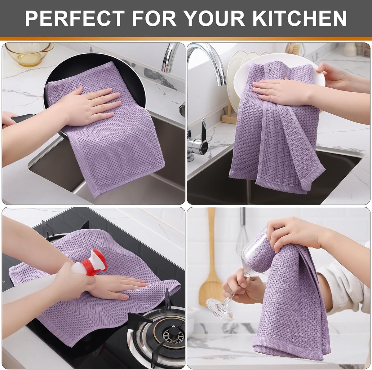Kitinjoy 100% Cotton Waffle Weave Kitchen Towels, 4-Pack Super Soft and Absorbent Dish Towels for Drying Dishes, Kitchen Hand Towels, 13 in x 28 in, Lavender