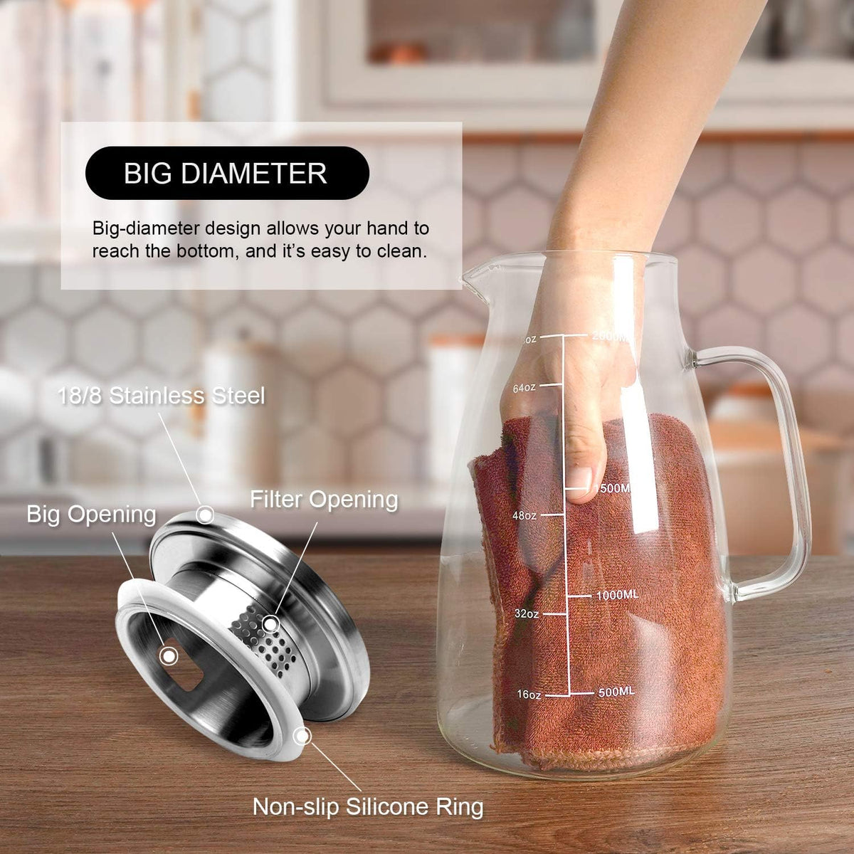 Aofmee Glass Pitcher, 68oz Water Pitcher with Lid and Precise Scale Line, 18/8 Stainless Steel Iced Tea Carafe, Easy Clean Heat Resistant Borosilicate Jug for Juice, Milk, Cold or Hot Beverages