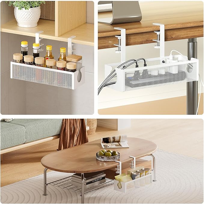 DELAMU Under Desk Cable Management Tray, No Drill Metal Mesh Cable Management Under Desk with F-Clamp Mount & 2 Open Holes, Cord Organizer for Home Office, 1 Pack, White