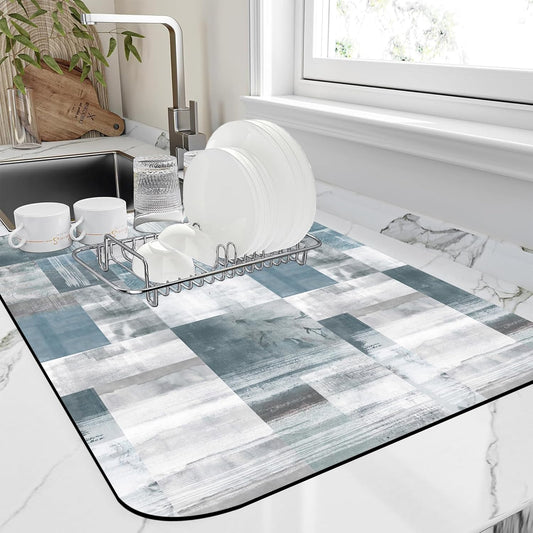 Dish Drying Mat Blue Grey Abstract Art Dish Drying Pad,16"X24" Bsorbent Coffee Mat for Sink Dishes or Under Rack Kitchen Counter Accessories Absorbent Hide Stain Rubber Backed Drying Mat