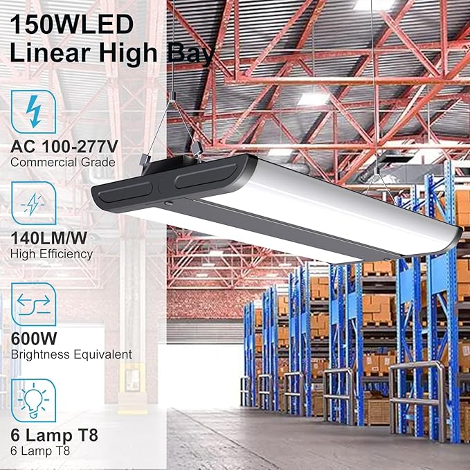 Lightdot 2FT LED High Bay Shop Lights, 150W 21500LM [Eqv.800W MH] 5000K Large Coverage Linear 2x2 High Bay LED Fixtures for Warehouse Garage -ETL, 4Pack Black