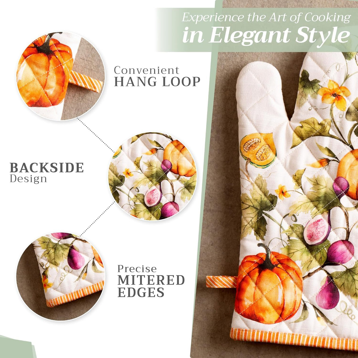 Maison d' Hermine Oven Gloves 100% Cotton Oven Mitt 7" x 13" with Loop Heat Resistant, BBQ, Cooking Gloves, Baking, Grilling, Kitchen, Handling Hot Pans (Pack of 1, Pumpkin Garden - Cloudy Cream)