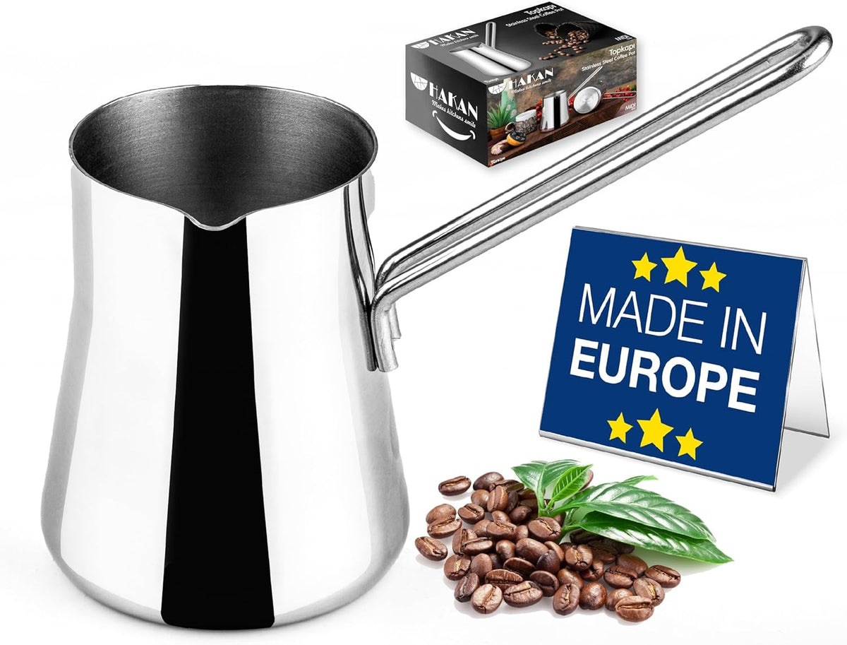 Hakan Topkapı Stainless Steel Turkish Coffee Pot, Greek Arabic Coffee Maker with Spout, Stove Top Coffee Maker in Box, Milk Warmer with Handle, Chai Pot Cezve, Ibrik, Briki (Large - 20.2 oz)