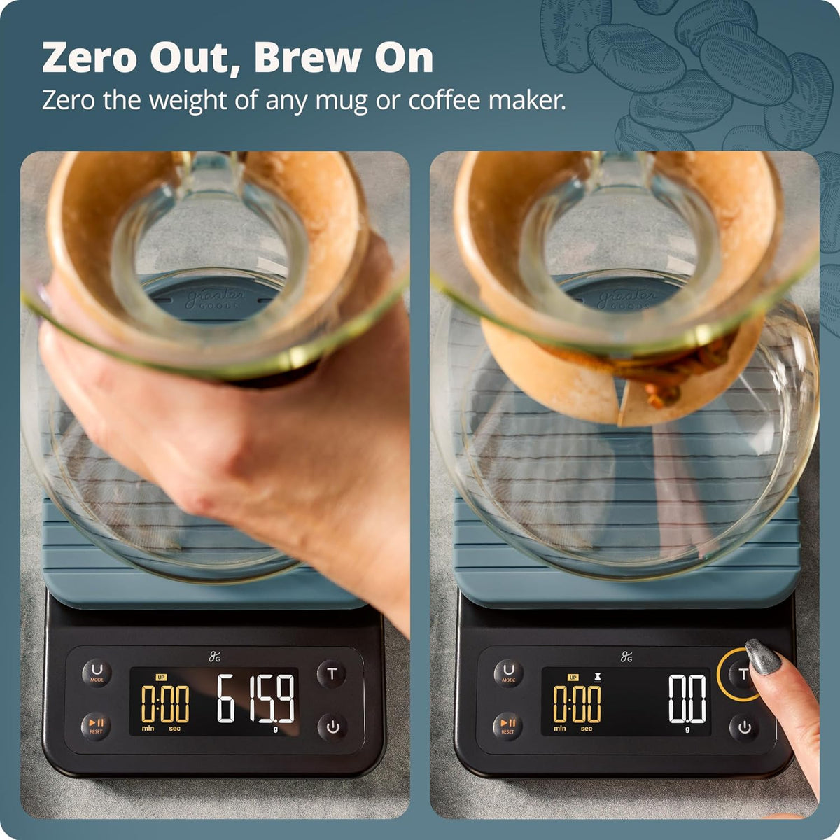 Greater Goods 0.1g Precision Coffee Scale with Timer – 3kg Digital Scale for Pour-Over, Espresso, French Press, Kitchen Use (Stone Blue)
